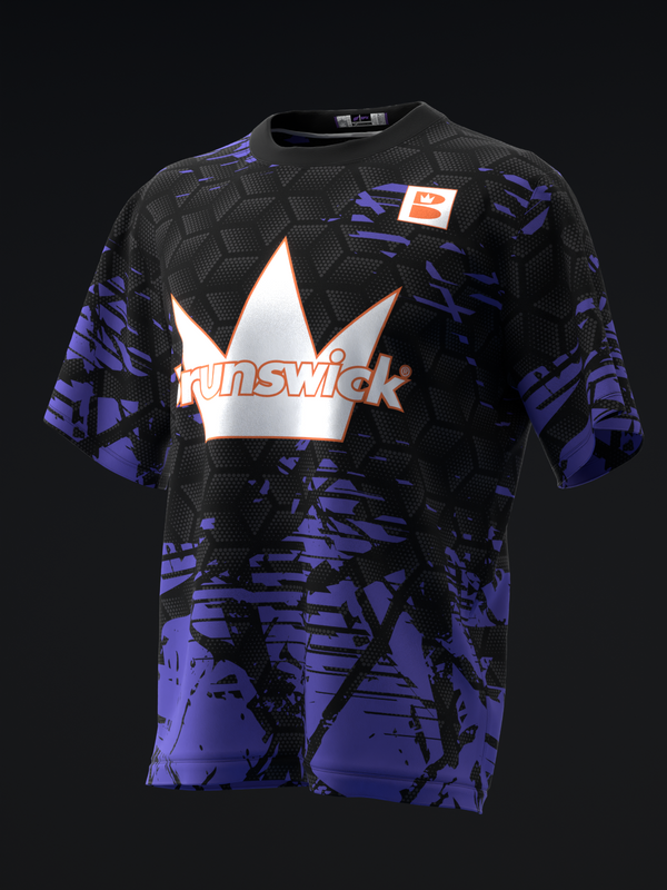Black and purple bowling jersey with white crown and Runswick text graphic