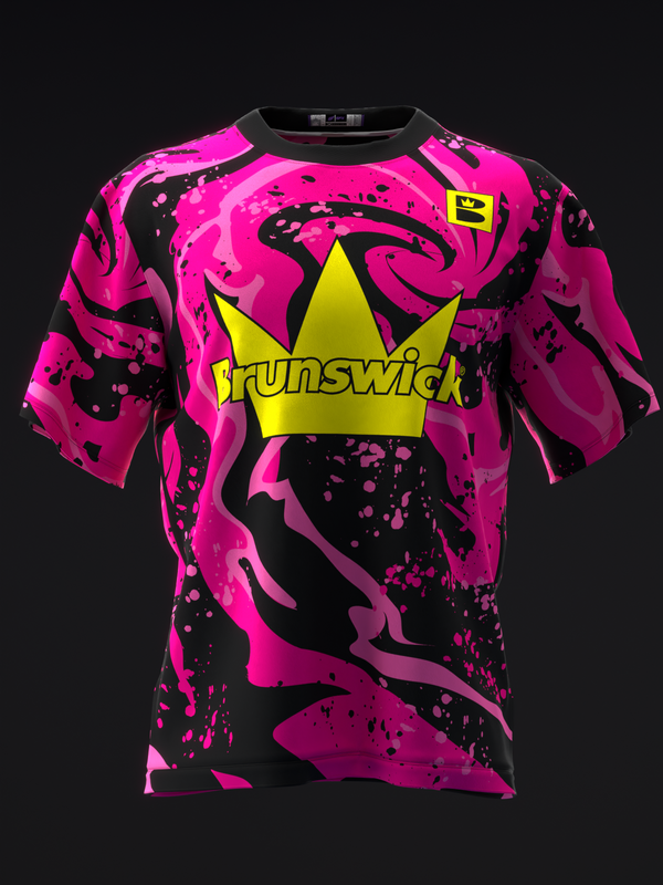 Front view bowling jersey with pink and black swirl pattern and yellow crown logo