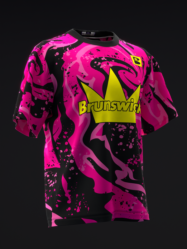 Brunswick bowling jersey with pink, black, and yellow abstract splatter pattern, front view
