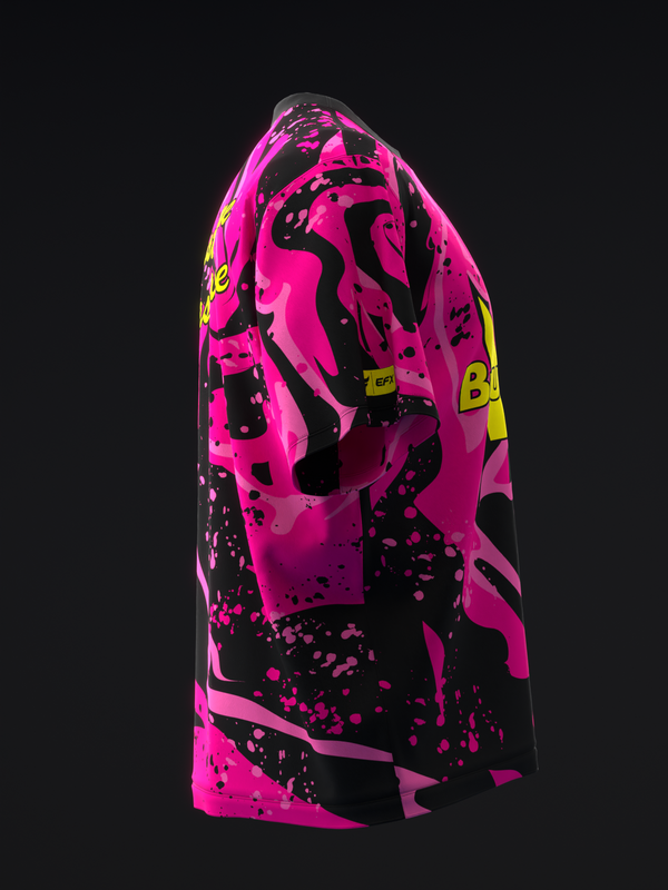 Pink and black bowling jersey with abstract splatter and curved graphic design