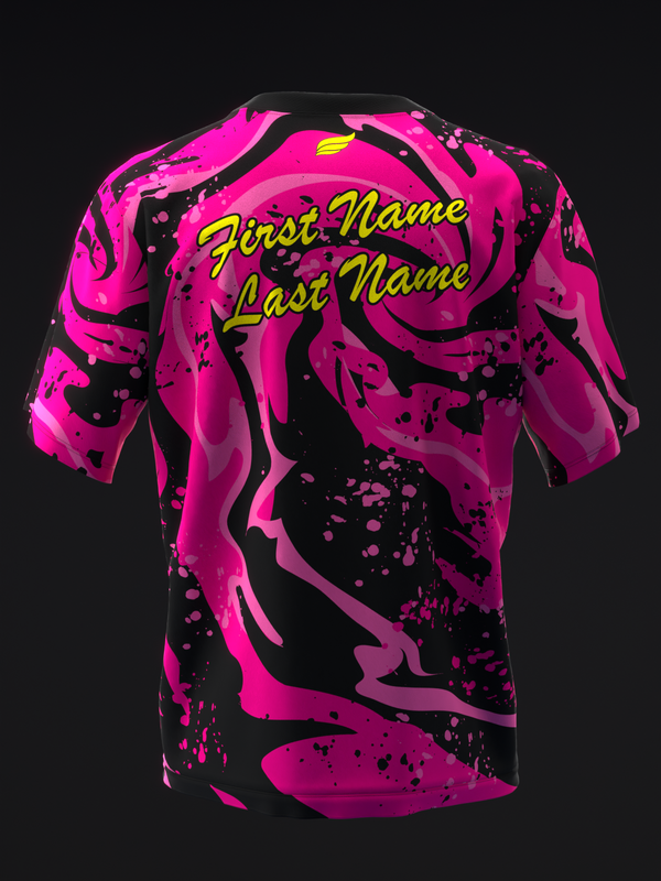 Pink and black bowling jersey with abstract swirl and splatter design, back view