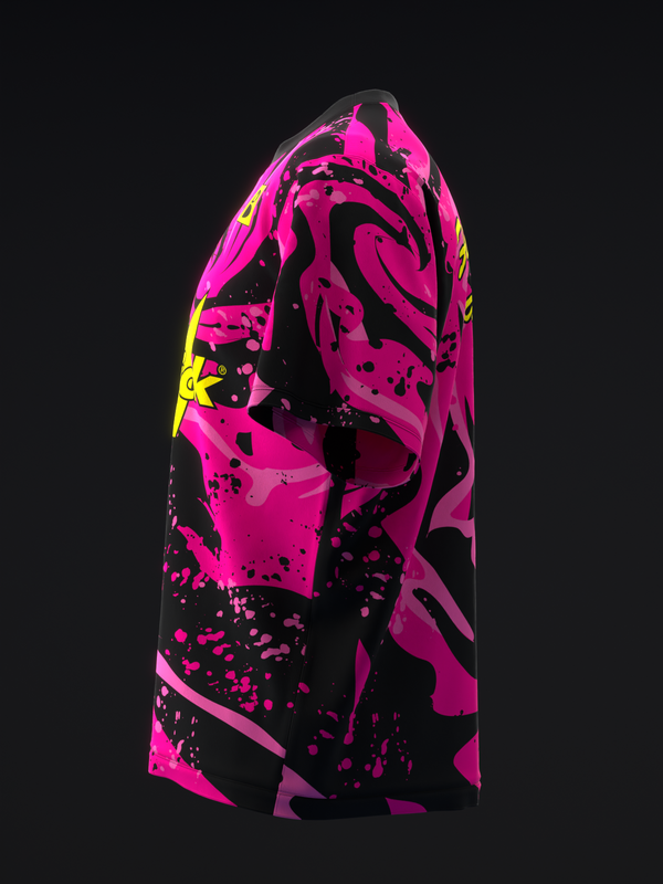Black and neon pink bowling jersey with abstract swirl and splatter graphic design