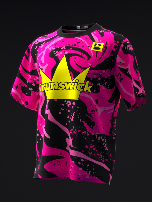 Brunswick bowling jersey with pink and black abstract swirl pattern design, front view