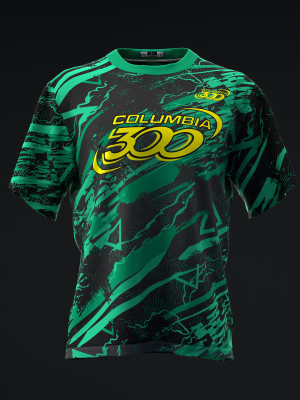 Green and black bowling jersey with Columbia 300 yellow logo and abstract graphic pattern