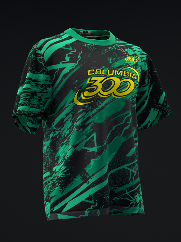 Green and black bowling jersey with Columbia 300 yellow text and graphic