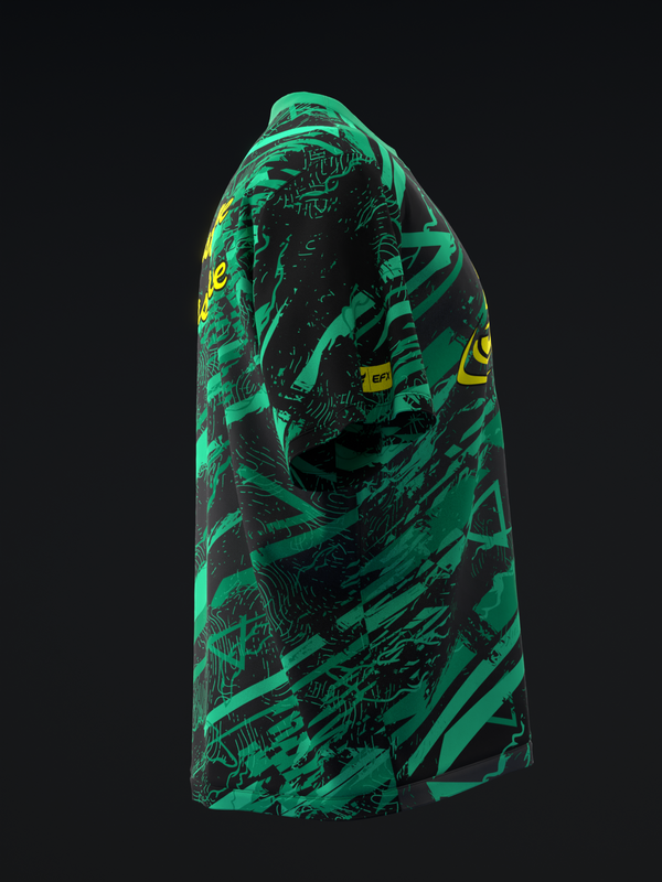 Black and green bowling jersey with abstract graphic design, back view