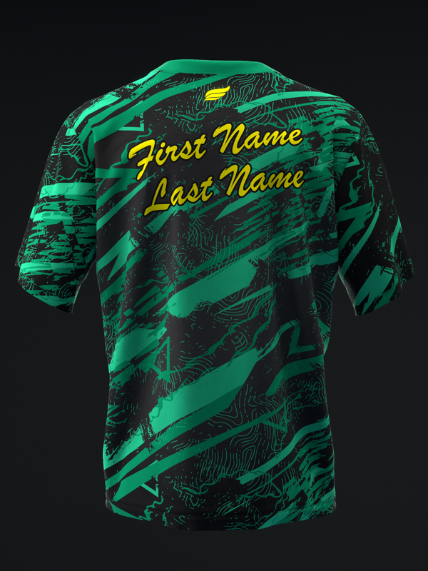 Green and black bowling jersey with diagonal stripes and customizable name text