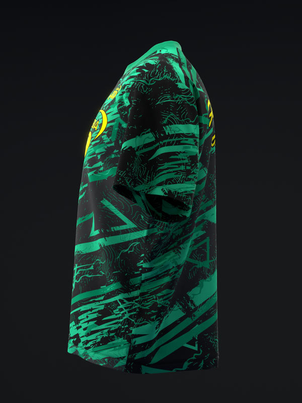 Green and black bowling jersey with abstract graphic design, side view