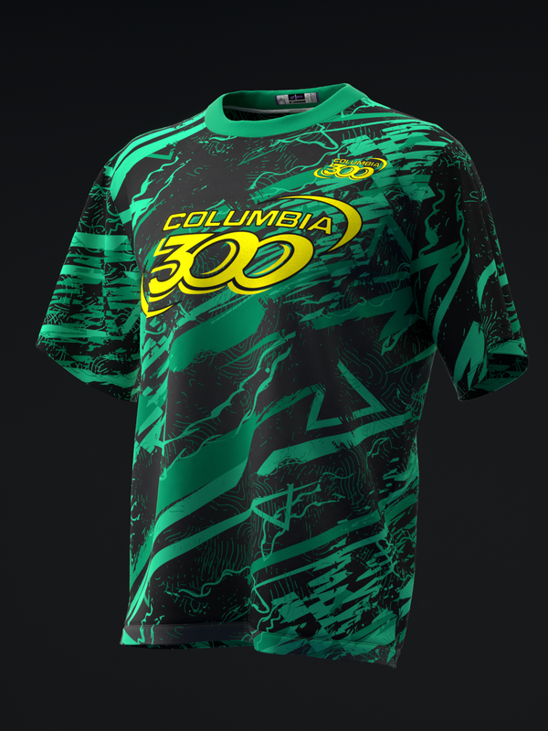 Black and green bowling jersey with yellow Columbia 300 logo, front view