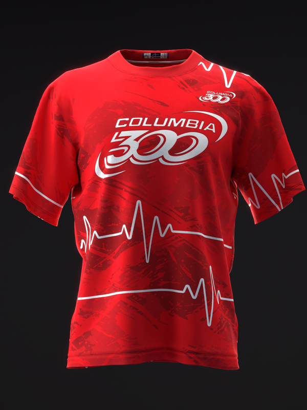 Red bowling jersey with Columbia 300 logo and white heartbeat pattern graphic