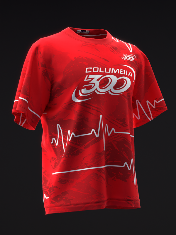Red bowling jersey with Columbia 300 logo and heartbeat line graphic