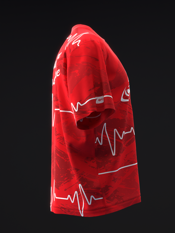 Red bowling jersey with white heartbeat and pulse line graphic design, side view