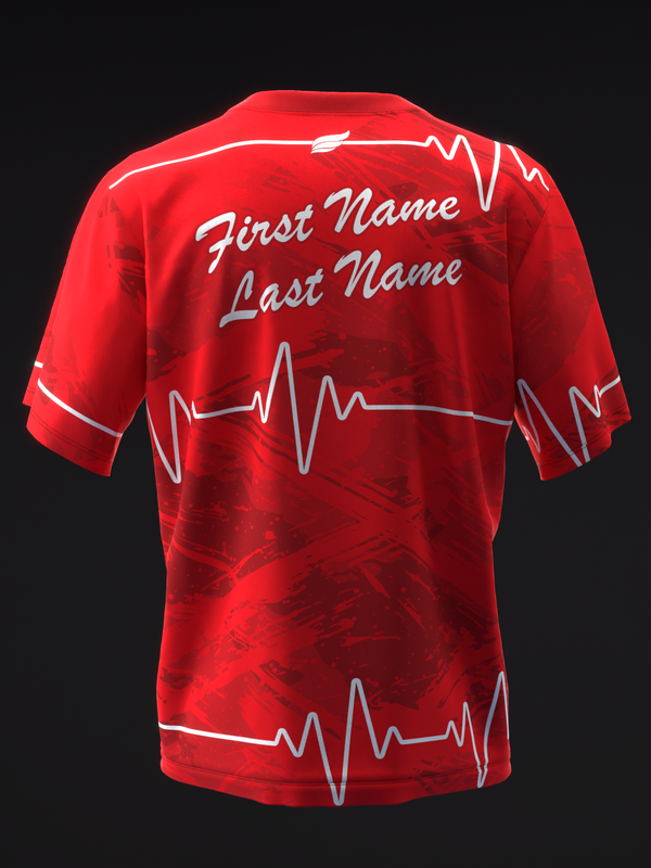 Red bowling jersey with white heartbeat lines and personalized name text, back view