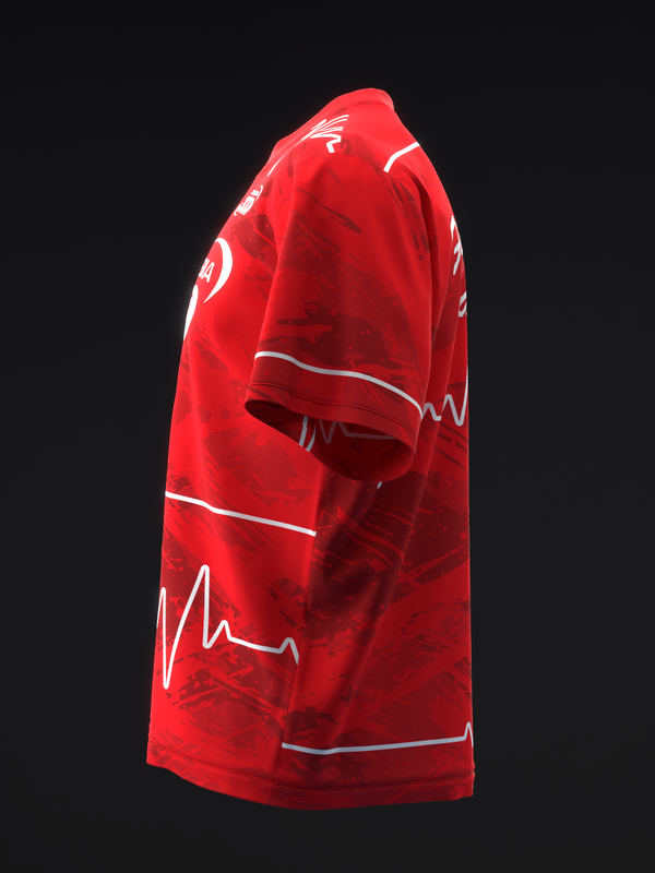 Red bowling jersey with white heartbeat graphic design, side view