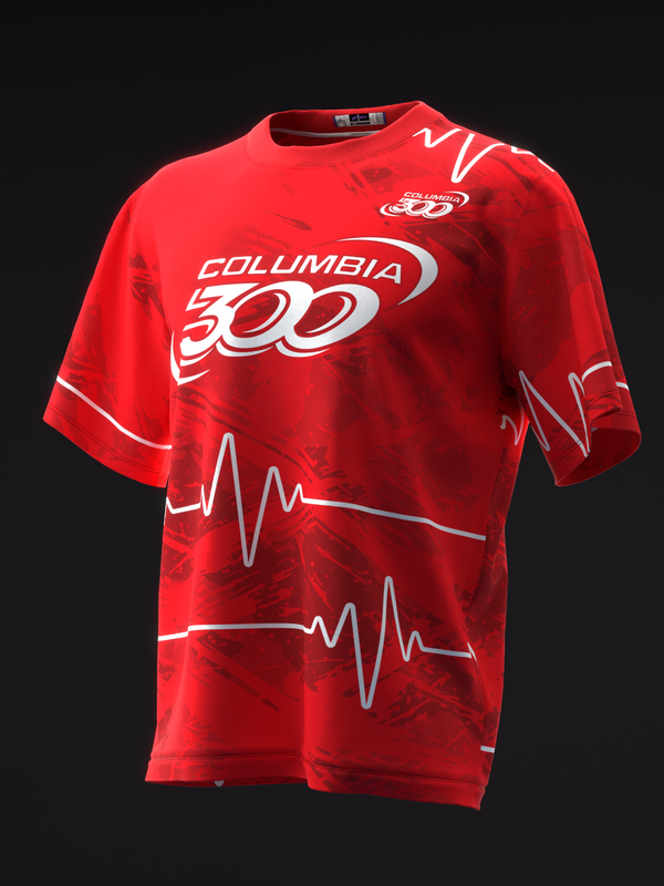 Red bowling jersey with Columbia 300 logo and white heartbeat line graphic