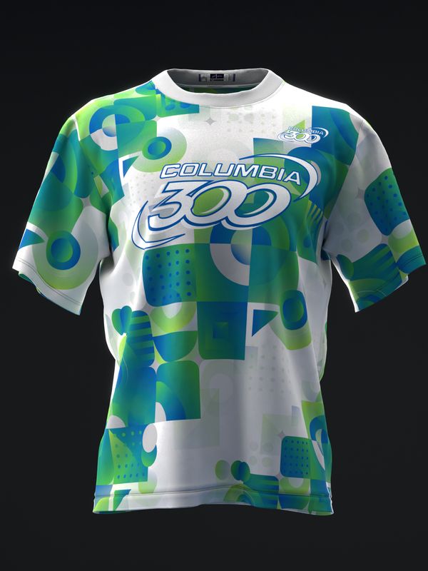 Front view of white bowling jersey with lime green and teal abstract geometric pattern and Columbia 300 logo