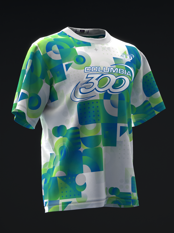 White bowling jersey with blue and lime green geometric pattern and Columbia 300 logo