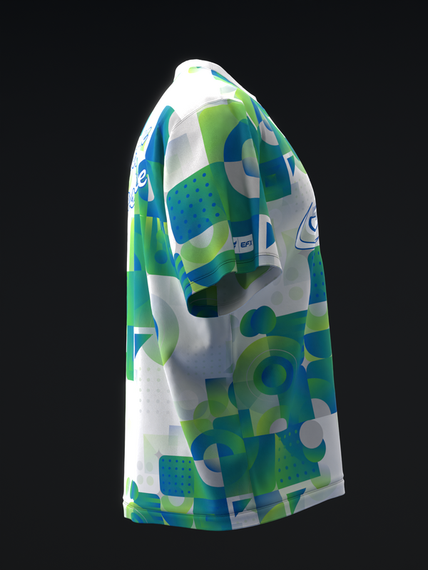 White bowling jersey with blue and lime green geometric pattern and circles