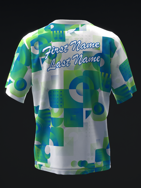 Back view of bowling jersey with white base, blue and lime green geometric pattern and personalization fields