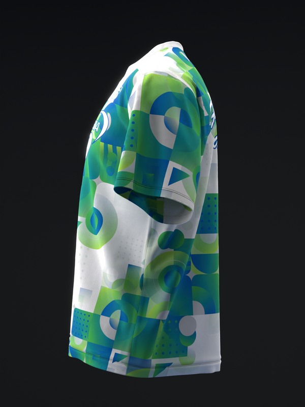 Bowling jersey with white, green, and blue geometric pattern, side view