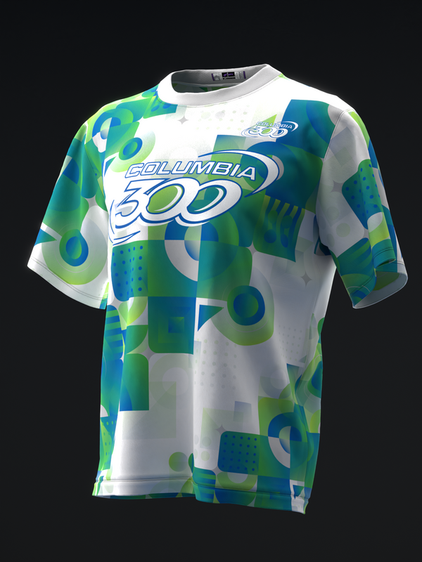 White bowling jersey with teal and lime geometric pattern and Columbia 300 logo