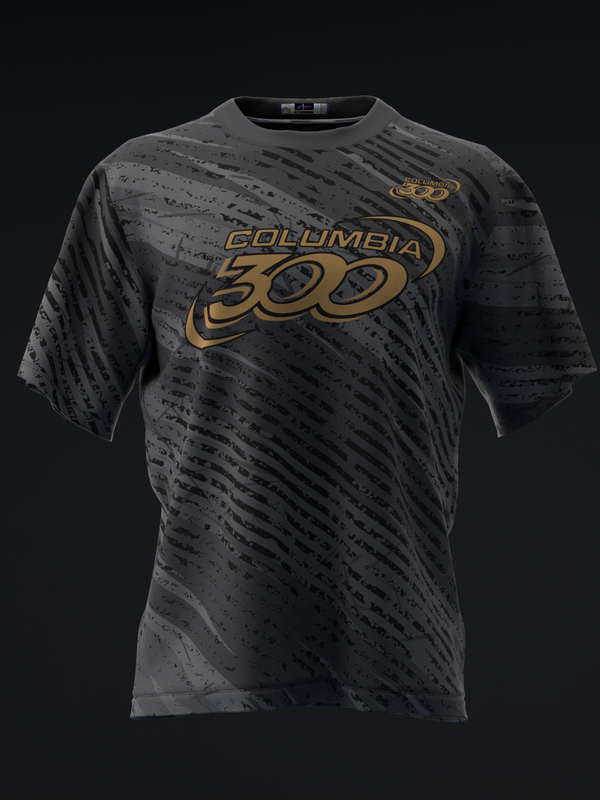 Charcoal bowling jersey with gold Columbia 300 logo and diagonal stripe pattern