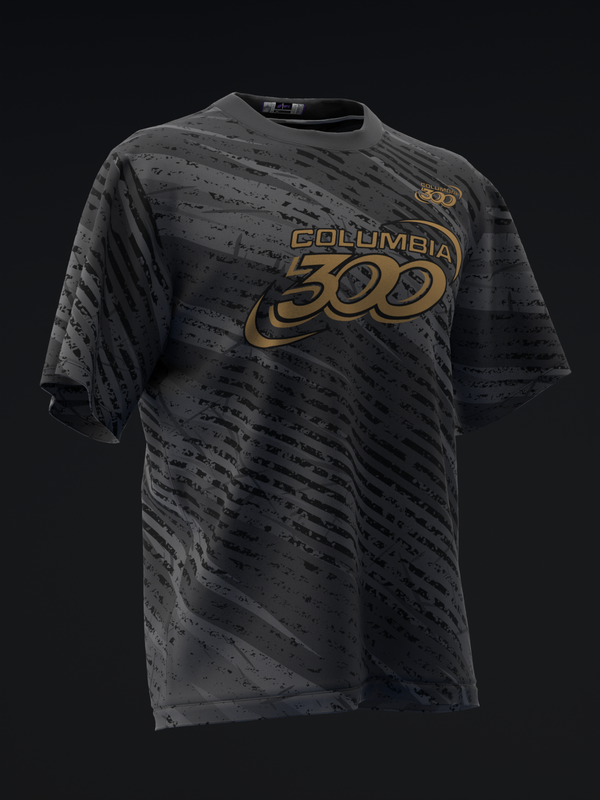 Black bowling jersey with distressed texture and gold Columbia 300 logo front