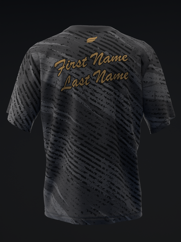 Black bowling jersey with diagonal stripe pattern and gold personalization text on back