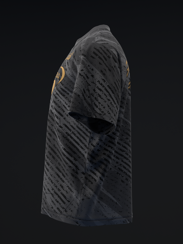 Dark gray bowling jersey with diagonal striped texture and gold shoulder logo, side view