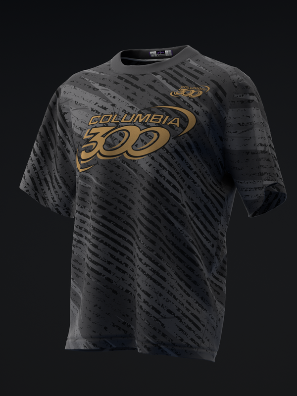 Black bowling jersey with gold Columbia 300 logo and diagonal stripe pattern, front view