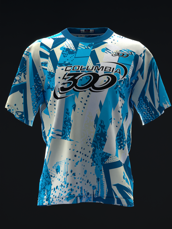 Front view of blue and white bowling jersey with Columbia 300 graphic and abstract pattern.