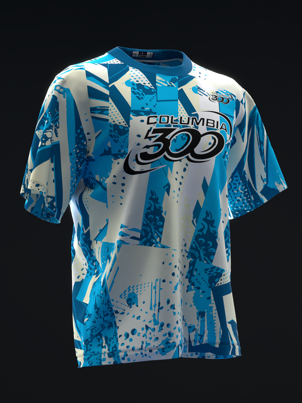 Blue and white bowling jersey with Columbia 300 logo and abstract geometric pattern