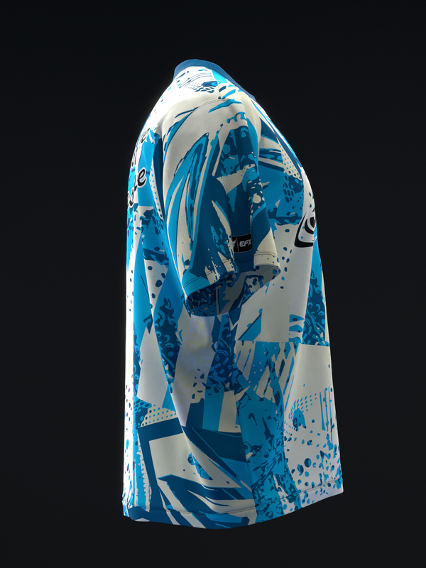 Blue and white bowling jersey with abstract paint splatter graphic design, side view
