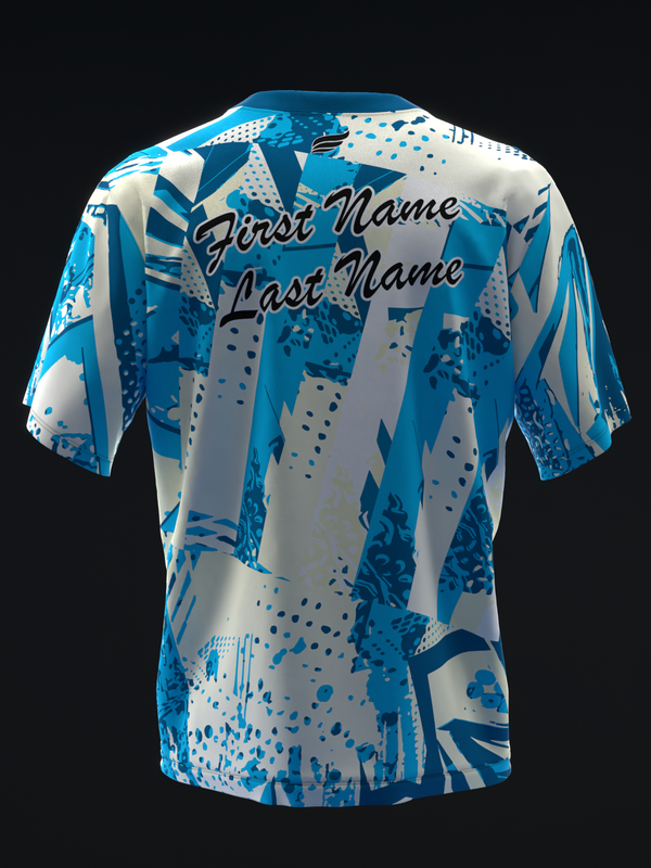 Blue and white bowling jersey with abstract geometric pattern and personalization text