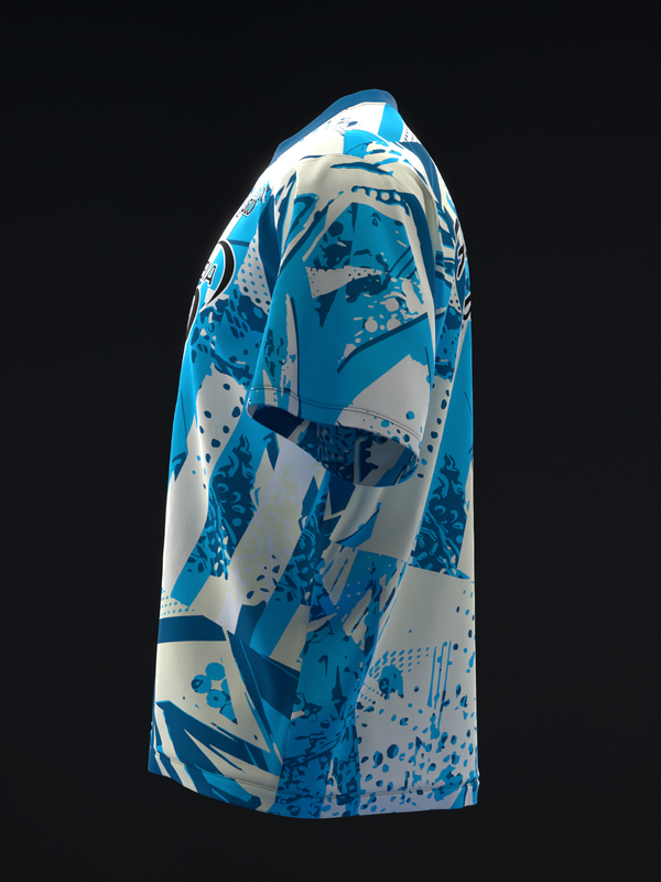 Blue and white bowling jersey with abstract geometric pattern, side view