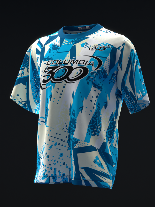 Blue and white bowling jersey with abstract geometric pattern and Columbia 300 logo