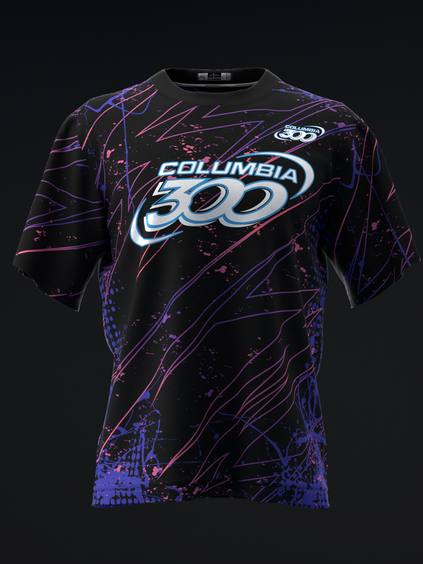 Black bowling jersey with neon pink and blue abstract lines and Columbia 300 logo