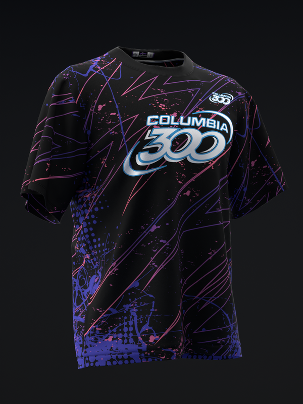 Black bowling jersey with neon pink and blue abstract lightning graphic and Columbia 300 logo
