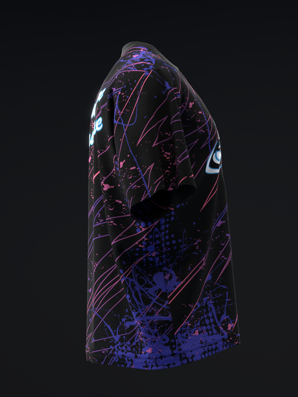 Black bowling jersey with neon purple, blue, and pink abstract line design