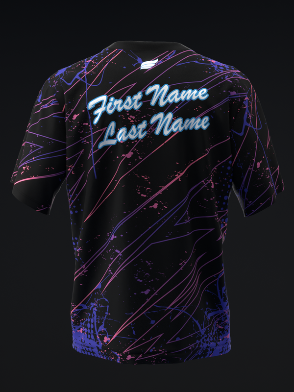 Black bowling jersey with neon pink and blue abstract lines and customizable name text