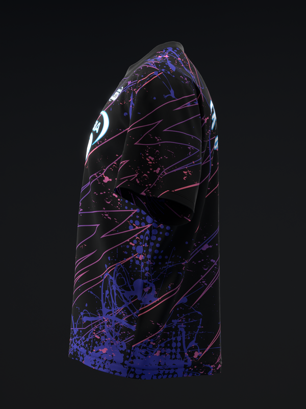 Black bowling jersey with purple and pink abstract graphic design, side view