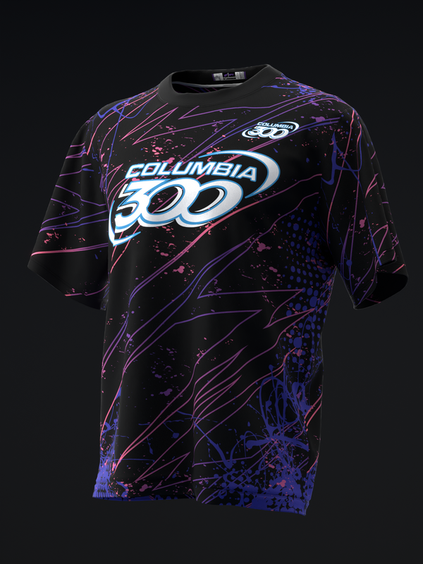 Black bowling jersey with neon blue and pink graffiti design and Columbia 300 logo