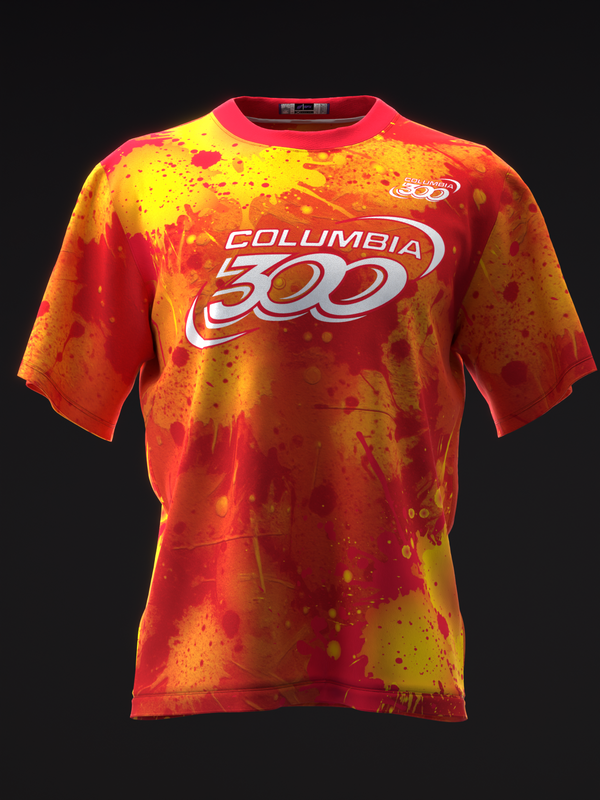 Red and yellow tie-dye bowling jersey with Columbia 300 logo, front view