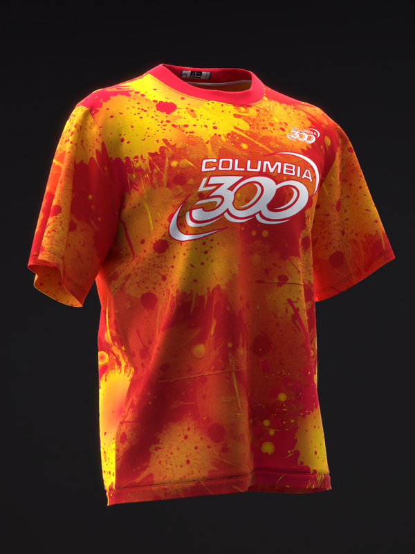 Red and yellow tie-dye bowling jersey with Columbia 300 logo graphic