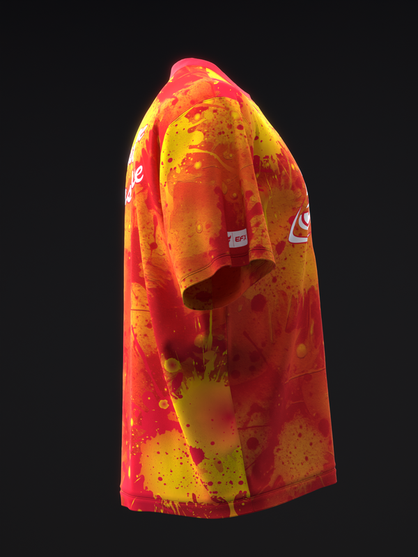 Red and yellow splatter pattern bowling jersey displayed on side view