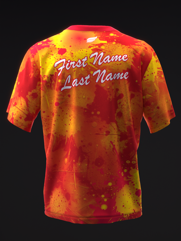 Bowling jersey back view with red and yellow splatter pattern and personalized name placement