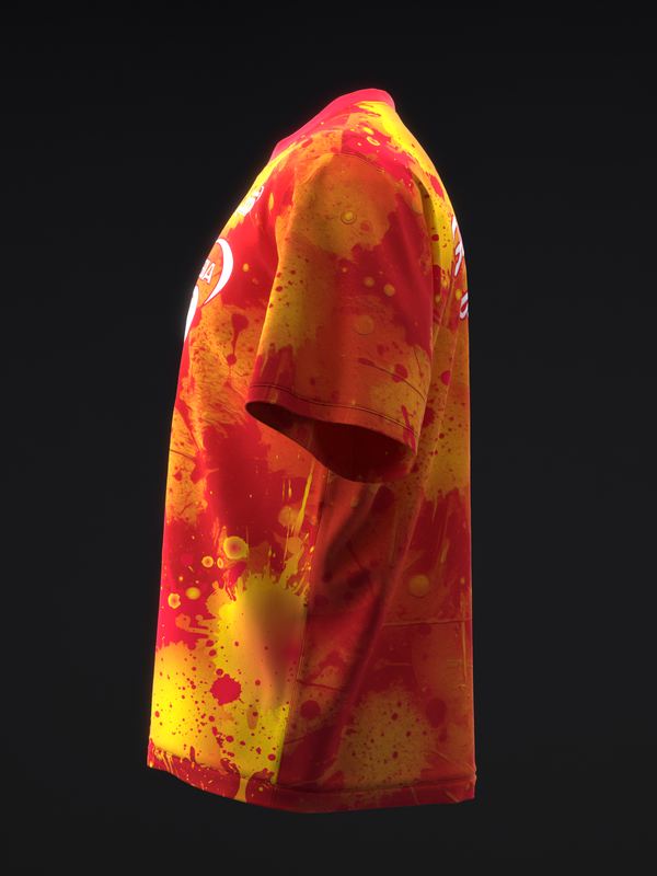Red and yellow bowling jersey with abstract splatter and paint drip design, side view
