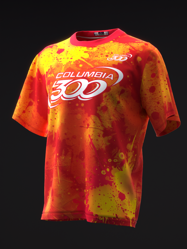 Red and yellow tie-dye bowling jersey with Columbia 300 logo graphic, front view