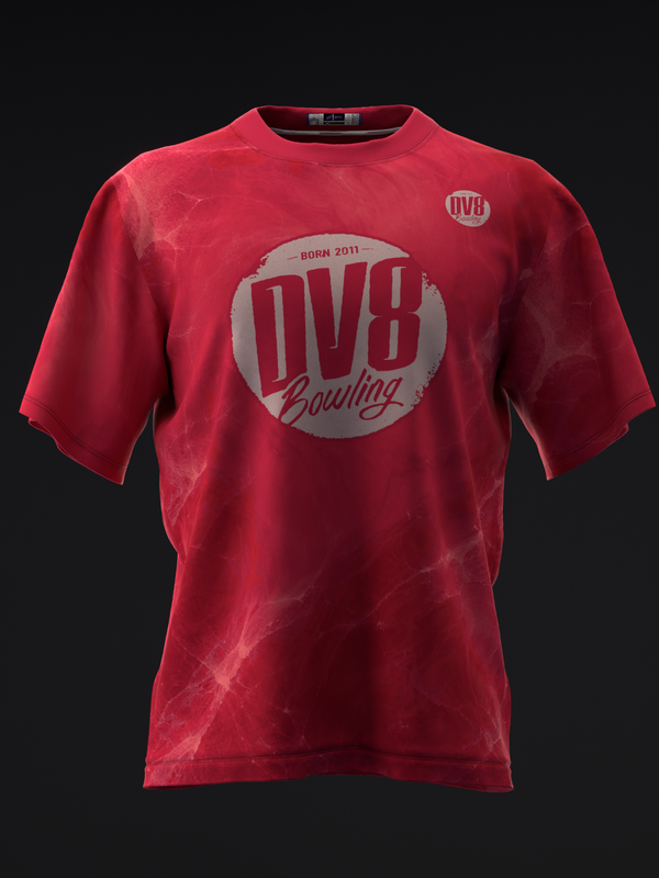 Red bowling jersey with gray DV8 logo and Born 2011 text front