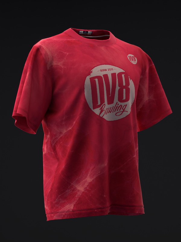 Red bowling jersey with DV8 logo and circular graphic on front